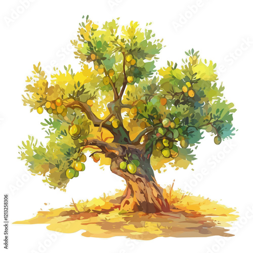 Olive Tree with Fruit – Watercolor Flat Vector, Mediterranean Orchard Scene, Lush Green Leaves with Ripening Olives, Digital Botanical Illustration  
