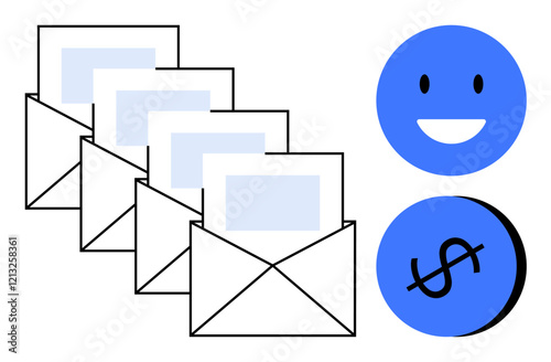 Five opened envelopes with letters, a smiling face, and a dollar sign in blue circles. Ideal for email marketing, financial communication, correspondence, customer satisfaction, mailing services