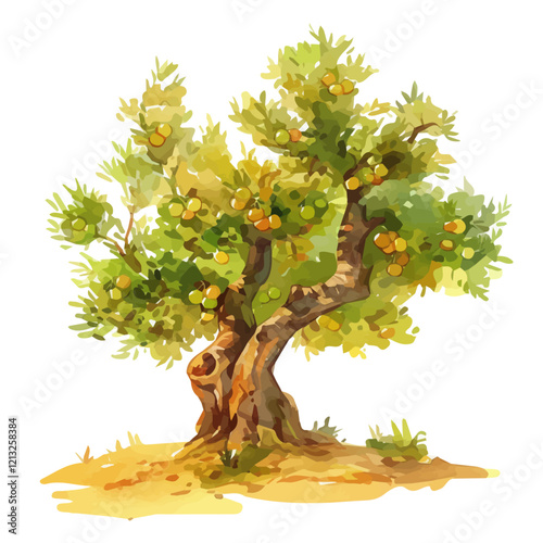 Olive Tree with Fruit – Watercolor Flat Vector, Mediterranean Orchard Scene, Lush Green Leaves with Ripening Olives, Digital Botanical Illustration  
