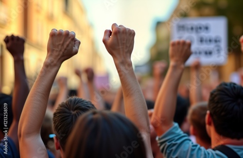 Large group of people protesting against government. Many arms raised in air. Demonstration for social change. Possible political social issue. Gathering in public space. People united against