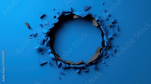 Shattered Blue:  A dramatic abstract image of a circular hole blasted through a blue surface, with fragments scattered around the edges.  