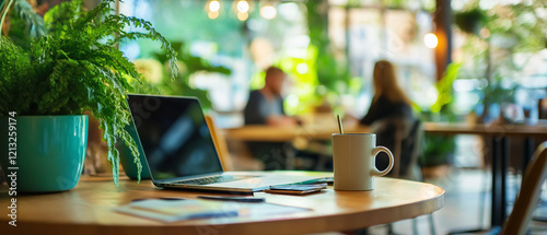 Helles Büroambiente mit Laptop, Pflanzen und Menschen im Hintergrund

