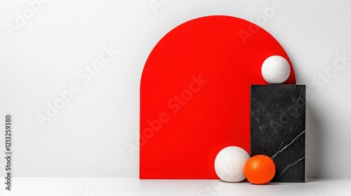 Abstract Still Life with Red Arch:  A minimalist composition featuring two white spheres, an orange sphere, and a black marble block against a vibrant red arched backdrop.  The image offers a clean. photo