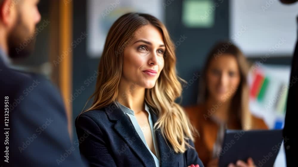 Confident Businesswoman Leads Team Meeting: Collaboration and Strategy in Action Confident Businesswoman Leads Team Meeting: Collaboration and Strategy in Action
