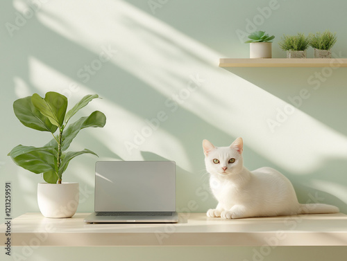 Helles und stilvolles Home Office mit Katze und Pflanzen auf dem Tisch

 photo