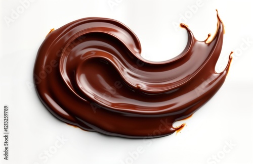 Melted chocolate spread forms smooth swirl pattern on white background. Delicious chocolate spread creates rich decadent dessert texture. Creamy confectionery with hints of hazelnut. Perfect for