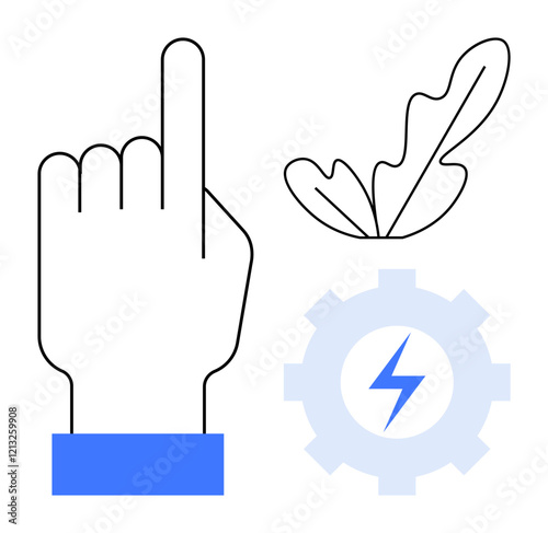 Hand pointing up, adjacent leaf and gear with lightning bolt. Ideal for sustainability, innovation, empowerment, technology, engineering, environmental issues teamwork. Simple flat line style