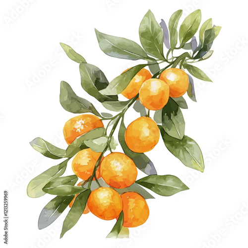 Oval Kumquat Tree with Fruit – Detailed Watercolor Illustration, Citrus Tree Botanical Art, Vibrant Fruit-bearing Tree Painting, Nature-inspired Artwork  
