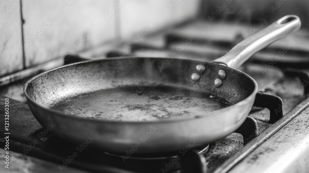 Empty frying pan on a gas stove, ready for cooking. Empty frying pan on a gas stove, ready for cooking.