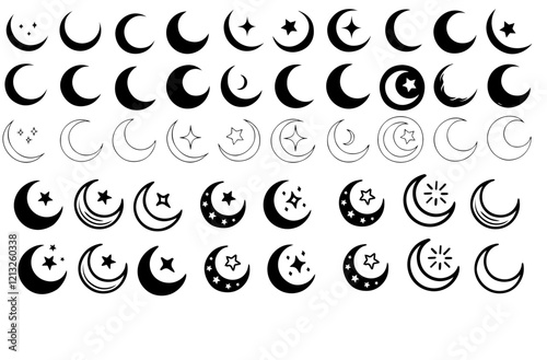 crescent moon, moon and stars, celestial symbols, minimalist design, black and white pattern, lunar phases, celestial art, astrology design, cosmic theme, decorative elements, moon illustration, night