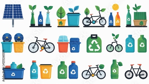 A set of 12 colorful flat-design icons representing sustainable living concepts, including solar panels, recycling bins, bicycles, and reusable bottles. Each icon isolated on a white background.