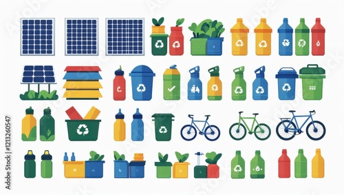 A set of 12 colorful flat-design icons representing sustainable living concepts, including solar panels, recycling bins, bicycles, and reusable bottles. Each icon isolated on a white background.