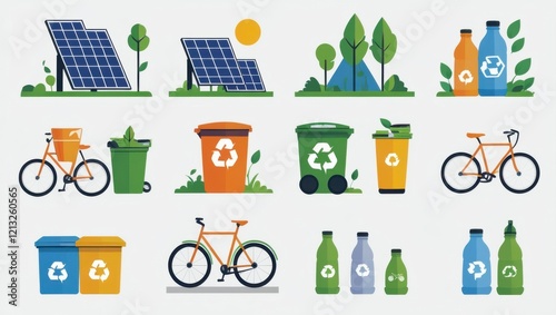 A set of 12 colorful flat-design icons representing sustainable living concepts, including solar panels, recycling bins, bicycles, and reusable bottles. Each icon isolated on a white background.