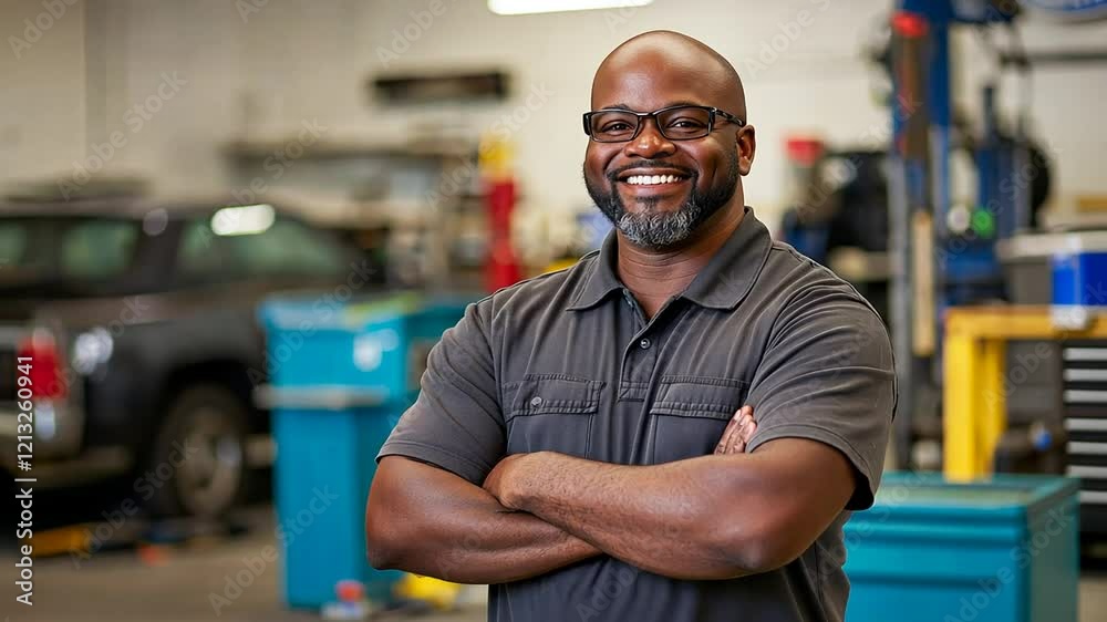 Auto Mechanic in Brightly Lit Repair Shop with Tools and Smiling Face