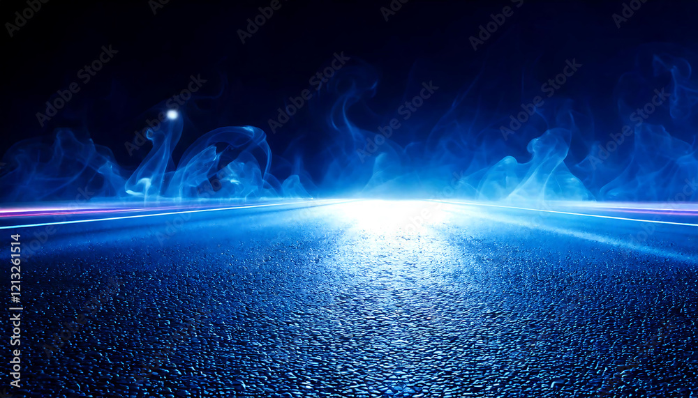 Obraz premium Dramatic nighttime asphalt road scene with blue smoke and glowing light streaks. Perfect for album art, music videos, or futuristic backgrounds. High-resolution image ideal for large-scale projects.