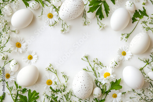 Easter Eggs with Green Leaves and Daisies Arranged on a Neutral Textured Background for Spring and Holiday Designs