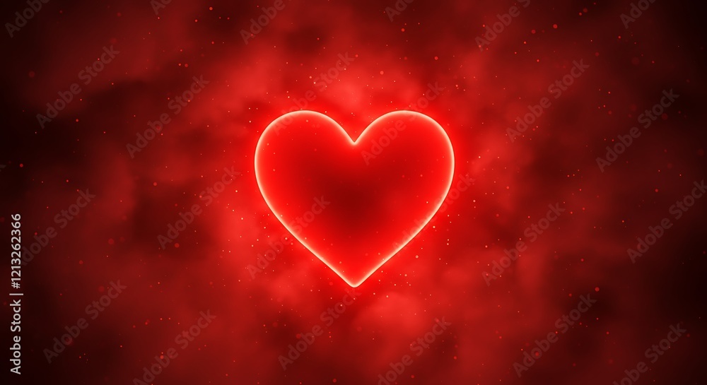 Glowing red neon heart on a romantic red background.  Valentine's Day heart.