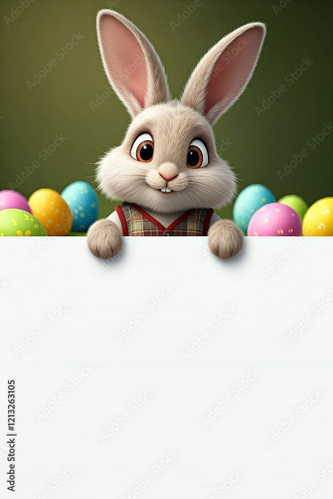 Fototapeta premium Ein fröhlicher Osterhase schaut über eine weiße Fläche mit Textfeld, umgeben von bunten Ostereiern, mit grünem Hintergrund – ideal als Mockup oder Ostergrußkarte. Generative KI.