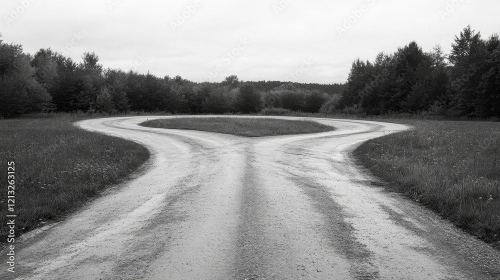 Fork in the road, dirt path splits into two directions in a rural landscape. Fork in the road, dirt path splits into two directions in a rural landscape.