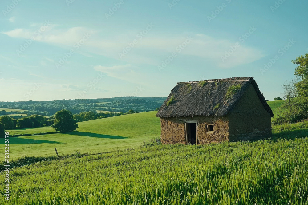 Rustic barn surrounded by lush green fields and rolling hills in a peaceful countryside Rustic barn surrounded by lush green fields and rolling hills in a peaceful countryside