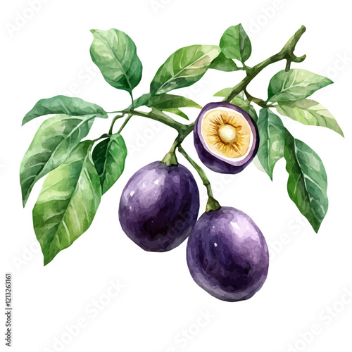 Passion Fruit Vine with Fruit – Watercolor Illustration, Exotic Vine with Vibrant Fruits, Lush Botanical Art, Tropical Nature-Inspired Watercolor Painting, Passion Fruit Artwork
