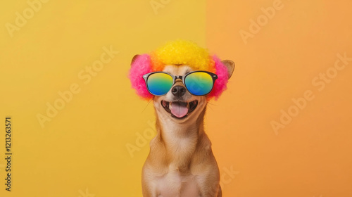 A cheerful dog with a colorful wig and sunglasses poses against a bright yellow-orange background, radiating playful energy.