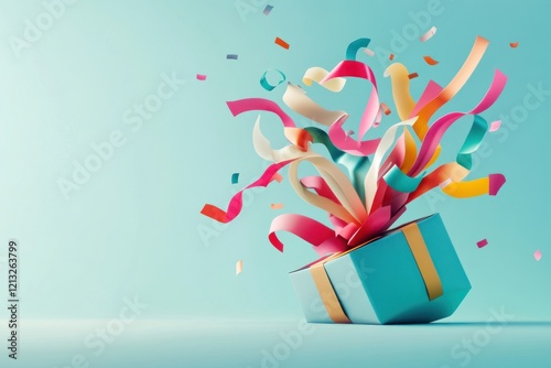Exploding gift box, confetti, pastel background, celebration, marketing