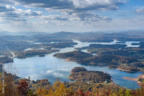 Landscape shows mountains and lake in Appalachian town of Hiawassee