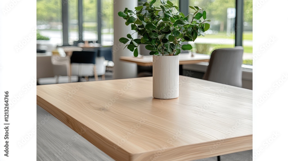 Modern office lobby table with plant, blurred background