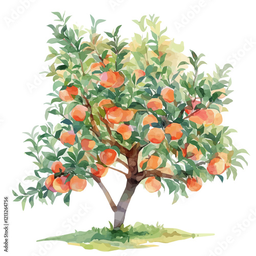 Peach Tree with Fruit – Watercolor Illustration, Vibrant Botanical Artwork, Fruit-Laden Tree, Nature-Inspired Watercolor Painting, Lush Orchard Scene
