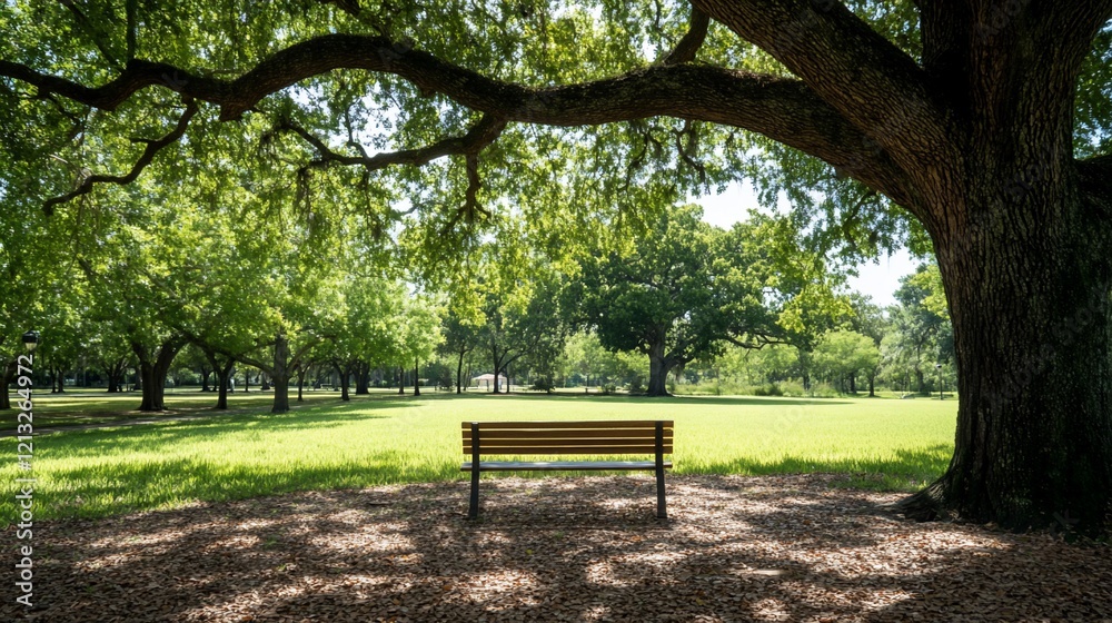 Park bench under shady tree, sunny day. Park bench under shady tree, sunny day.