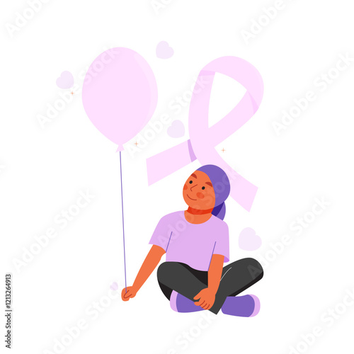 Vector of happy little girl with cancer bring balloon with pink ribbon on the background