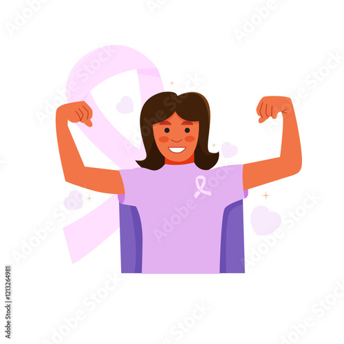 Vector of happy little girl with cancer wear super hero outfit  and strong pose, pink ribbon on the background