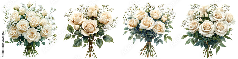 Fototapeta premium Elegant White Rose Bouquets – High-Resolution Watercolor Floral Arrangements – Romantic Wedding Flowers & Luxury Botanical Illustrations