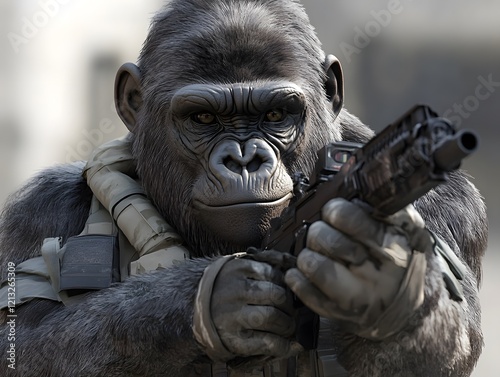 Gorilla Soldier: A Realistic, Somber Digital Painting photo