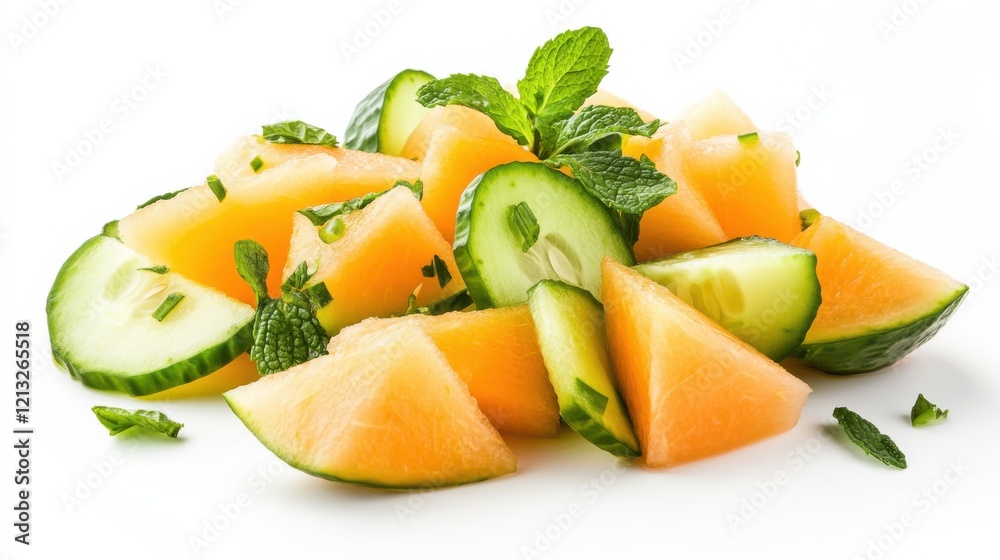 A refreshing cucumber melon salad with mint and lime dressing, Each slice of cucumber and melon crisp and cool, Set against an isolated white background to accentuate its hydrating properties A refreshing cucumber melon salad with mint and lime dressing, Each slice of cucumber and melon crisp and cool, Set against an isolated white background to accentuate its hydrating properties