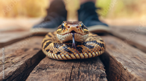 A close-up of a snake poised on wooden planks, with a person