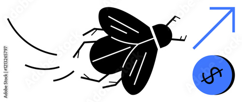 Black fly following a dotted trail towards a blue dollar coin with an upward arrow. Ideal for finance, investment, growth, economy, upward trends, business success, currency. Abstract line flat