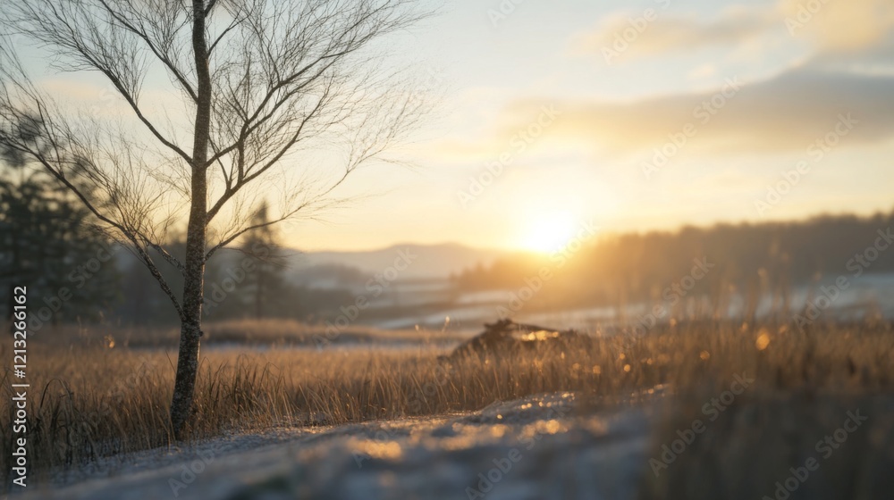 Serene winter sunrise over snow-covered field with lone tree. Serene winter sunrise over snow-covered field with lone tree.