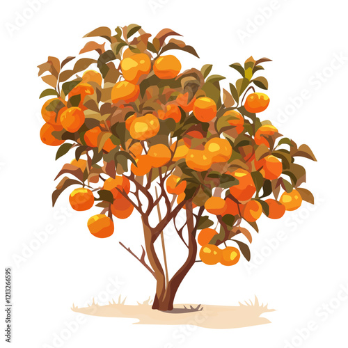 Persimmon Tree with Fruit | Vibrant Watercolor Flat Vector Illustration.  
