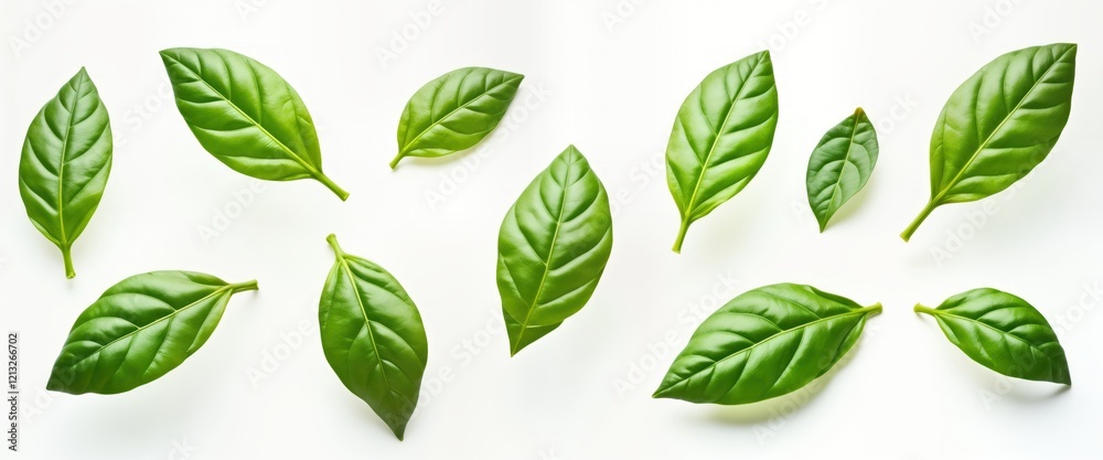 Fresh basil leaves float against white background. Bright green foliage displays detailed texture. Natural herb ingredient. Food spice isolated image. High quality macro shot. Natural freshness Fresh basil leaves float against white background. Bright green foliage displays detailed texture. Natural herb ingredient. Food spice isolated image. High quality macro shot. Natural freshness