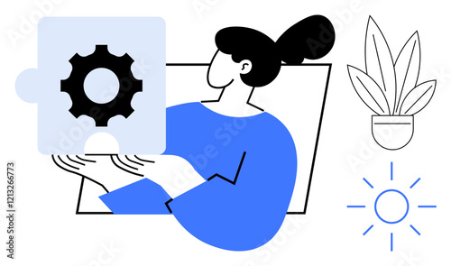 Woman holding puzzle piece with gear inside, symbolizing problem-solving and innovation, next to a potted plant and a sun. Ideal for teamwork, collaboration, strategic planning, growth, creativity