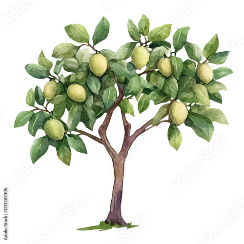 Pili Tree with Fruit | Artistic Watercolor-Style Flat Vector Design.  
