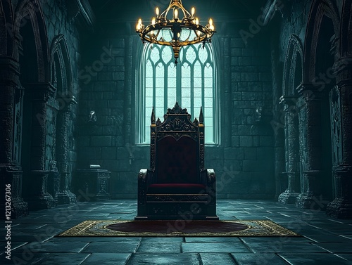 Ornate Throne in Gothic Chamber: A Darkly Majestic Scene