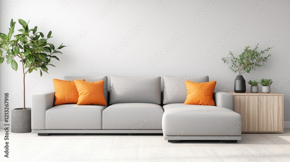 Fototapeta premium Modern living room interior design with grey sectional sofa and orange pillows