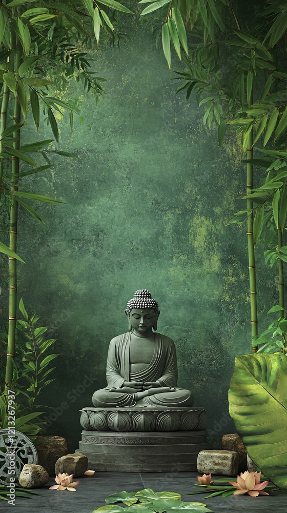 Buddha statue in lush forest with bamboo and ferns. Natural light. Blurred background. Copy space. Generative AI Buddha statue in lush forest with bamboo and ferns. Natural light. Blurred background. Copy space. Generative AI