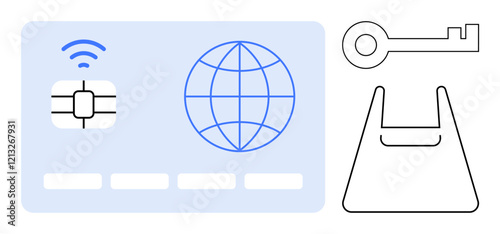 Smart card with integrated chip, global connectivity symbol, key, and shopping bag. Ideal for security, technology, e-commerce, global access authentication digital identity business. Abstract