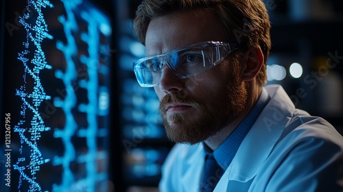 A biotech researcher working on a computer, analyzing the genetic data following a DNA splicing procedure. 174 photo