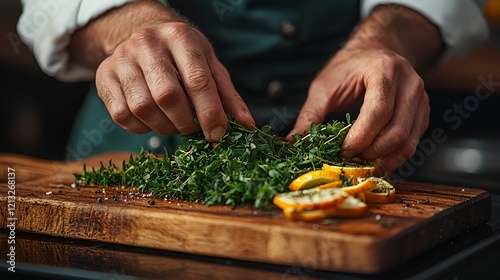 Chef preparing herbs and lemon, kitchen setting, food preparation