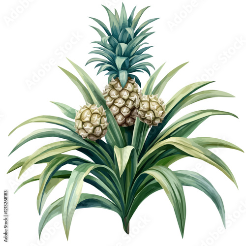 Pineapple Plant with Fruit | Lush Watercolor Flat Vector Art.  
